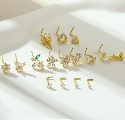 BSJ4U Nose Rings L Shaped for Women Nose Piercings 20G Surgical Stainless Steel Nose Studs CZ Heart Butterfly Flower Cherry Bow Moon Dangle Nose Piercing Jewelry - color: Gold Clear Nose Rings
