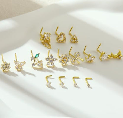 BSJ4U Nose Rings L Shaped for Women Nose Piercings 20G Surgical Stainless Steel Nose Studs CZ Heart Butterfly Flower Cherry Bow Moon Dangle Nose Piercing Jewelry - color: Gold Clear Nose Rings