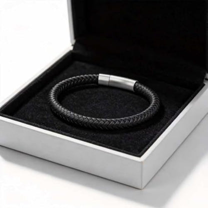 Men's Leather Bracelet, Stackable Stainless Steel Clasp Bracelets for Men Stylish Birthday, Thanksgiving, Valentine's Day Gift for My Man (8.2" Black Leather) | Men's Accessory, Leather Band, Stainless Steel, Wrist Bracelet