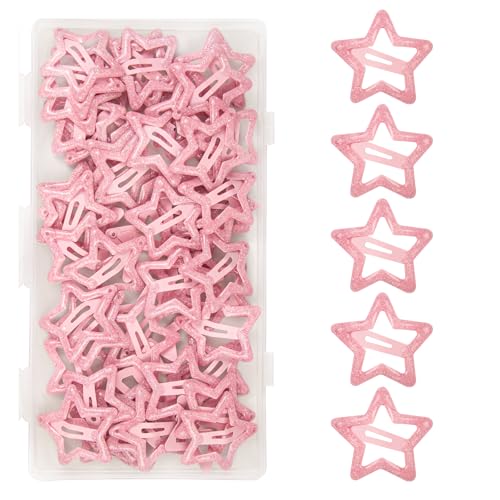 ELANE 70 Pcs Glitter Star Snap Hair Clips for Women Girl,Cute Hair Barrettes for Women Fine Thin Hair Accessories DIY (Glitter-pink) - color: Glitter-pink