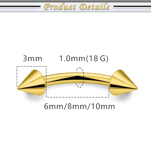 Internally Threaded Eyebrow Piercing Jewelry Surgical Steel Tiny Eyebrow Rings Vertical Labret Lip Jewelry Small Ear Rook Earring for Women Men 18g 16g 14g Plus Piercing Ball Grabber Tool - color: goldtone, size: 18g,spike end
