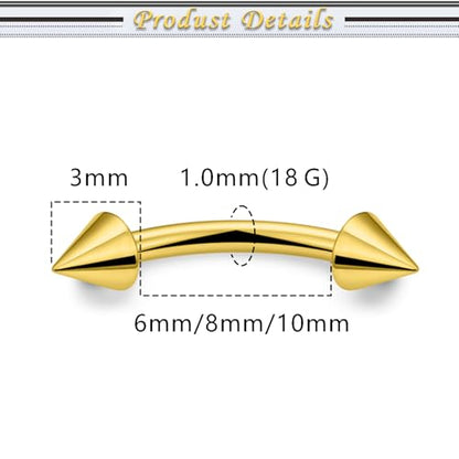 Internally Threaded Eyebrow Piercing Jewelry Surgical Steel Tiny Eyebrow Rings Vertical Labret Lip Jewelry Small Ear Rook Earring for Women Men 18g 16g 14g Plus Piercing Ball Grabber Tool - color: goldtone, size: 18g,spike end