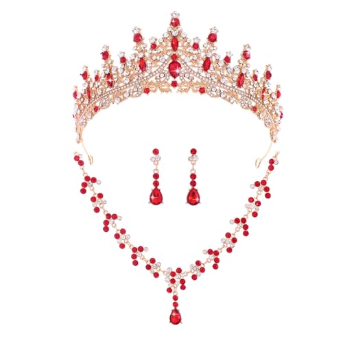 Crystal Crown and Tiara Jewelry Set for Women Bride with Necklace Earrings | Metal Rhinestone Royal Queen Princess Jewelry Set Wedding Quinceanera Pageant Prom Birthday Halloween Party Costume Gift - color: Red