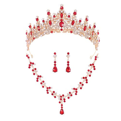 Crystal Crown and Tiara Jewelry Set for Women Bride with Necklace Earrings | Metal Rhinestone Royal Queen Princess Jewelry Set Wedding Quinceanera Pageant Prom Birthday Halloween Party Costume Gift - color: Red