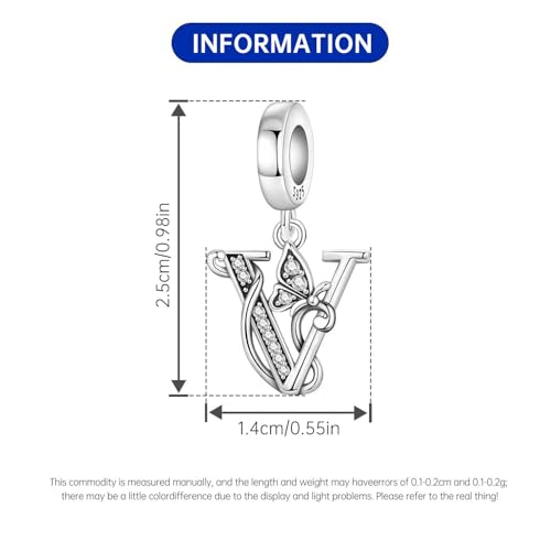2 Pack 925 Sterling Silver Butterfly Letter Charms for Bracelets and Necklace Alphabet Initial Dangle Pendants Round Spacer Beads Pave Cubic Zirconia Jewelry Gift for Women - color: V Set