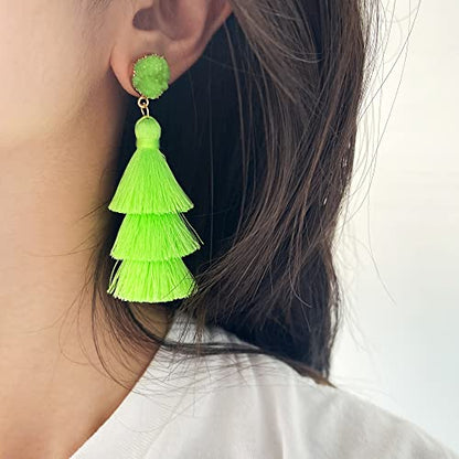 Me&Hz Colorful Layered Tassel Earrings Bohemian Statement Tiered Tassel Big Dangle Drop Earrings for Women Druzy Studs Valentine’s Day Gift - color: Fluogreen