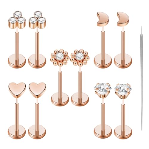 Uni-J 10pcs 20G/18G/16G Threadless Push-in Tragus Conch Cartilage Flat Back Helix Labret Monroe Lip Ring Daith Piercing Jewelry - color: 16G Rose Gold 8mm