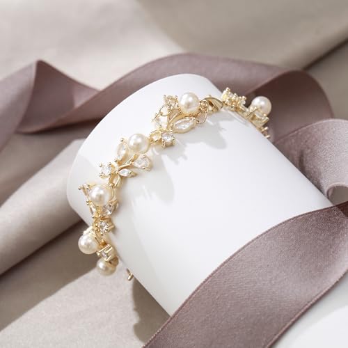 EVER FAITH Gorgeous Cubic Zirconia Pearl Wedding Link Bracelet for Bride | Marquise Teardrop Crystal Bridal Prom Jewelry, for Women Bridesmaids - style: Vine_Gold-Tone