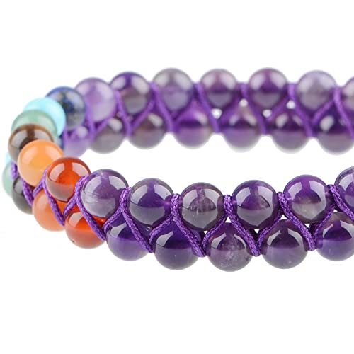 MASSIVE BEADS Double Layer Natural Chakra Healing Power Crystals Macrame Bracelet Yoga Stone Beads Gemstone Meditation Relax Anxiety Bangle for Unisex Women Men - color: 7-Chakras&Amethyst, size: 6mm