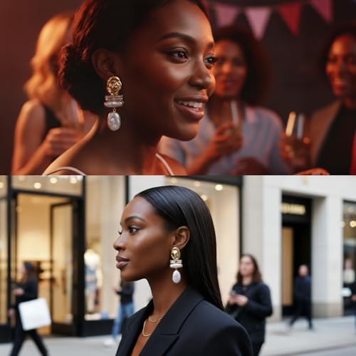 Statement Pearl Dangle Earrings,Gold and Large Pearl,Luxury Chandelier Organic Style Earrings - color: C gold and white
