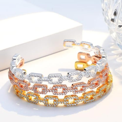 14K Gold Moissanite Open Bangle Bracelet for Women,Sparkling Geometric Moissanite Chain Open Cuff Bangle,Fashion Christmas Jewelry Gift for Her - color: Rose Gold