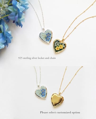 Handmade Heart Shaped Dried Pressed Forget Me Not Flower Photo Locket Pendant Necklace - color: Gold, style: Lavender On red purple