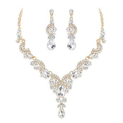 EVER FAITH Rhinestone Crystal Bridal Floral Wave Teardrop Necklace Earrings Set - color: 2pcs_Clear Gold-Plated-Base