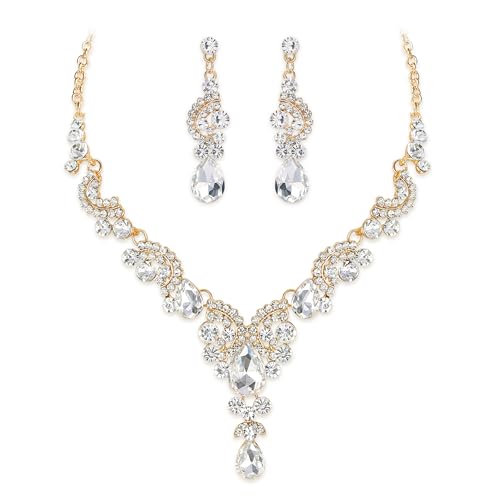EVER FAITH Rhinestone Crystal Bridal Floral Wave Teardrop Necklace Earrings Set - color: 2pcs_Clear Gold-Plated-Base