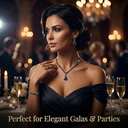 4 Pcs Trendy Black Jewelry Sets for Women Teardrop Rhinestone | Complete collection featuring a collar dangle drops band and ring.