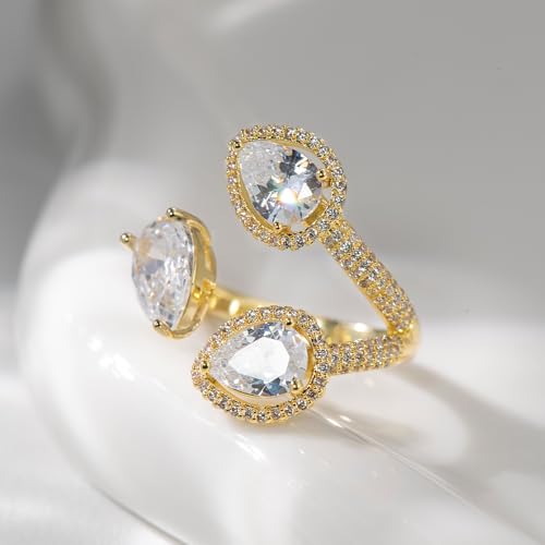Aura & Irena 18K Gold Plated Pear-Shaped Cocktail Rings for Women, Non-Tarnish Adjustable Statement Ring with 3A Cubic Zirconia, Gift for Family Friend - color: Gold