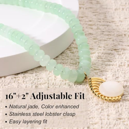 SAMYA Gemstone Beaded Necklace for Women | Ocean Charm Necklace with 8x4mm Natural Dyed Jade Beads, Adjustable 16"+2" Beach Necklace for Women - color: Green jade