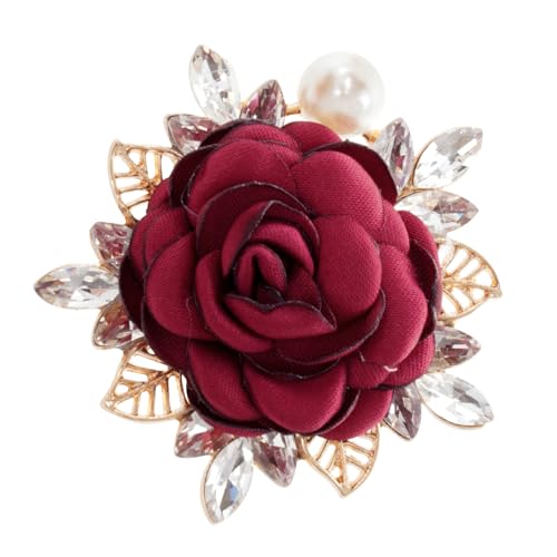 Rose Flower Brooch 1.97In Satin Pearl Crystal Flower Brooch for Women Wedding Dress Suit Hat Accessories Gift - color: red