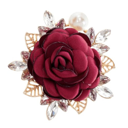 Rose Flower Brooch 1.97In Satin Pearl Crystal Flower Brooch for Women Wedding Dress Suit Hat Accessories Gift - color: red