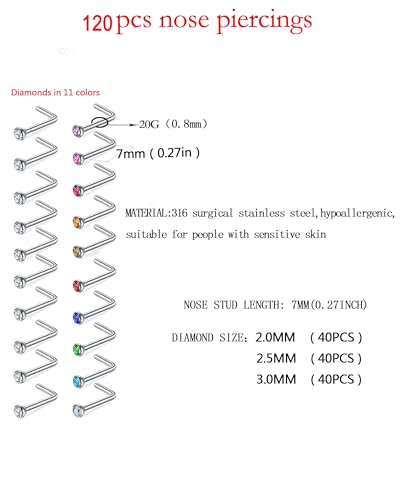 180Pcs 20G Surgical Stainless Steel Nose Rings Hoops Straight/L Shapes Nose Studs 2.0/2.5/3.0mm Cubic zirconia Hypoallergenic Nose Studs Silver Gold Rose Gold Black Rainbow Blue Lip Rings Nose Rings Piercing Jewelry Set for Women Men - style: C:120Pcs L S
