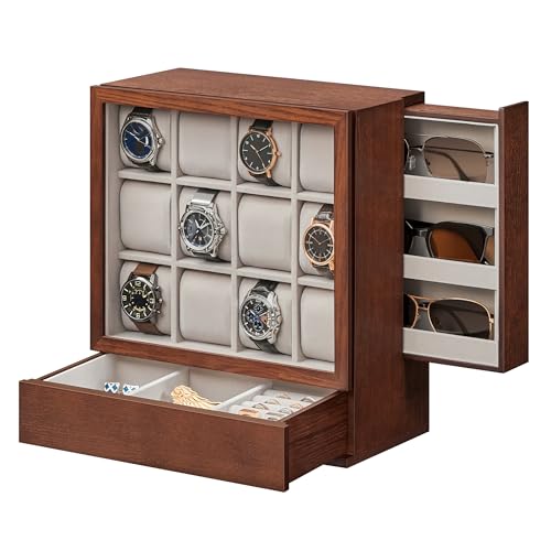 SONGMICS Watch Box 12-Slot Watch Display Case with Window | Solid Wood Veneer, Velvet Lining, Vertical Storage, Space Saving, Gift Idea, Coffee Brown, UJOW014K01 - color: Coffee Brown, size: 12 Slot