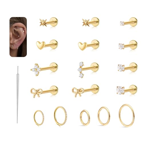 20G/18G/16G Flat Back Earrings Tiny Nose Stud, Cartilage Earring Threadless Tragus Helix Stud Conch Piercing Jewelry - color: SET-stud&hoop, size: 16 gauge (1.2mm post)