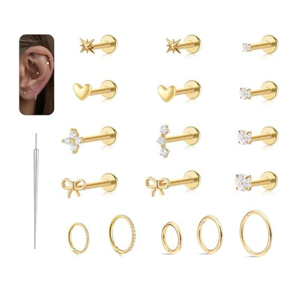 20G/18G/16G Flat Back Earrings Tiny Nose Stud, Cartilage Earring Threadless Tragus Helix Stud Conch Piercing Jewelry - color: SET-stud&hoop, size: 16 gauge (1.2mm post)