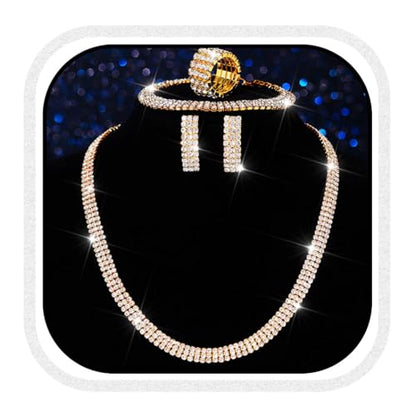 Aukmla Rhinestones Bridal Wedding Jewelry Set Silver Choker Necklaces Earrings Bracelet Ring Sets Prom Jewelry for Women - color: Gold
