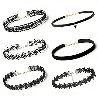 6 Pcs Gothic Black Velvet Lace Choker Necklace Set Emo Alt Cross Tattoo Style Layered Neck Chokers for Women