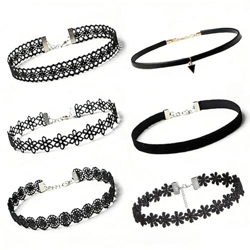 6 Pcs Gothic Black Velvet Lace Choker Necklace Set Emo Alt Cross Tattoo Style Layered Neck Chokers for Women