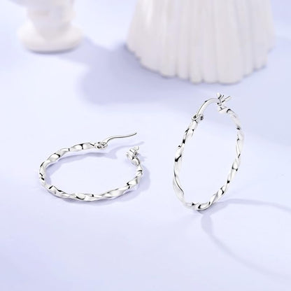 Parmuz 925 Sterling Silver Earrings Hoops for Women Ladies Simple Lightweight Twisted Medium Hoop Earrings With Cubic Zirconia Hypoallergenic Jewelry for Her - color: grey