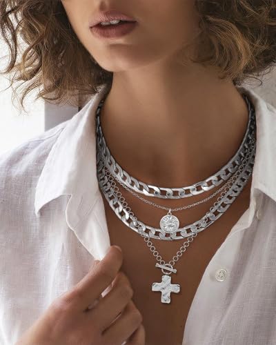 MJartoria Layered Necklaces for Women Trendy Retro Coin and Cross Pendant Necklace Dainty Chunky Chain Necklaces for Jewelry Birthday Gifts - color: Silver