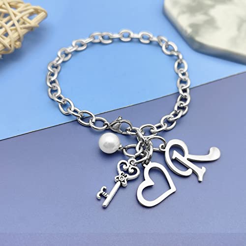 Initial A-Z Bracelets Gift for Women Girls Stainless Steel Chain Bracelet 26 Alphabet Jewelry Gifts for Birthday Anniversary Letter Bracelet Monogram Gifts for Sister Friend Girlfriends Mom 8.26 Inch - color: R