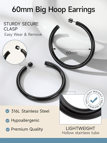 PROSTEEL Chunky Hoop Earrings for Women 14K Gold Plated/Black/Silver | 20/30/40/50/60/70/80mm Stainless Steel Thick Big Round Hoop with Waterproof and Non Tarnish Trendy Jewelry with Gift Box - color: 2. Black, size: 60MM