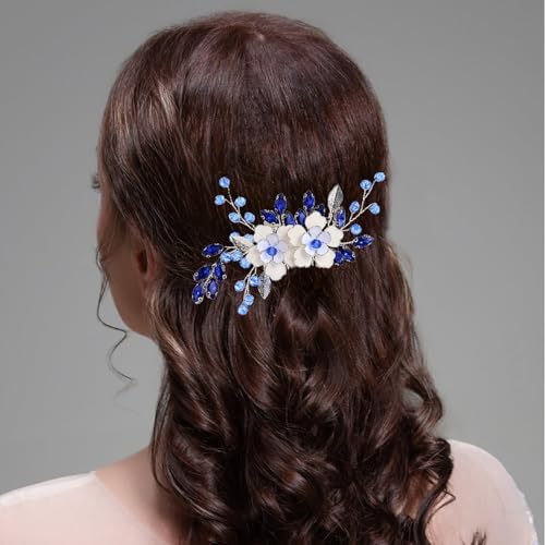Flower Leaf Design Wedding Hair Comb, Metal Bridal Hair Accessory with Rhinestone, Wedding Prom Hair Clip Headpiece for Women (White Blue Flower) - color: White Blue Flower