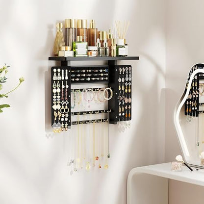 Emfogo Jewelry Organizer Hanging Wall Mounted Jewelry Holder, 5-in-1 Large Capacity Necklace Organizer Wall Display for Ring, Necklaces, Bracelets, Earrings(Black) - color: Black