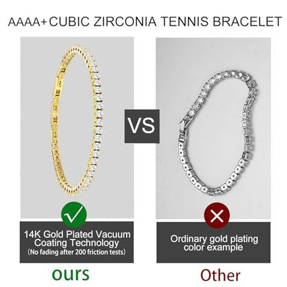 Stainless Steel Adjustable CZ Tennis Bracelet for Women Men | 14K Gold Plated, Round 3mm/4mm/5mm AAAA+ Cubic Zirconia, Dainty Classic, Festival Wedding Jewelry Gift - color: Gold, size: CZ 3mm