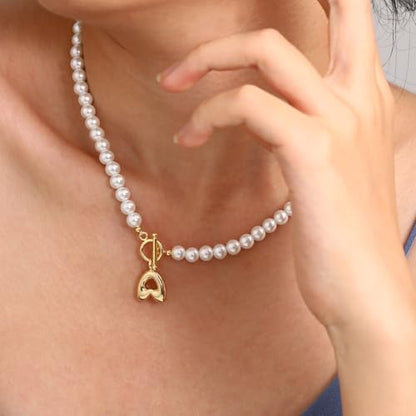 Pearl Necklaces for Women Bubble A-Z Initial Necklace Gold Dainty Pearl Choker Necklace Anniversary Birthday Graduation Gifts for Her Teen Stocking Stufffers Christmas Jewelry - color: V