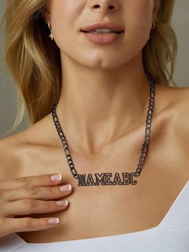 GoldChic JEWELRY Name Necklace Personalized for Men, Womens Custom Name Plate Chain, Stainless Steel Customized Old English Nameplate Choker with Curb Chains Custom, 16 inches to 30 inches - color: Figaro Chain 6 mm -Black