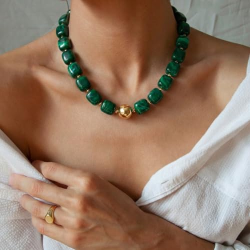 Chunky Colorful Beaded Choker Necklace for Women, Summer Beach Statement Resin Beads Necklace, Trendy Womens Summer Beach Jewelry Birthday Gifts for Vacation Holiday - color: Square Dark Green Bead