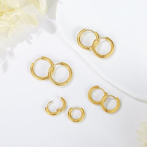 Silver Gold Hoop Earrings for Women Men, 316L Surgical Stainless Steel Huggie Hoop Earrings Set Hypoallergenic Small Cartilage Earrings Lightweight Hoop Earrings Huggie Set - color: 4 Pair Small Gold-8/10/12/14mm