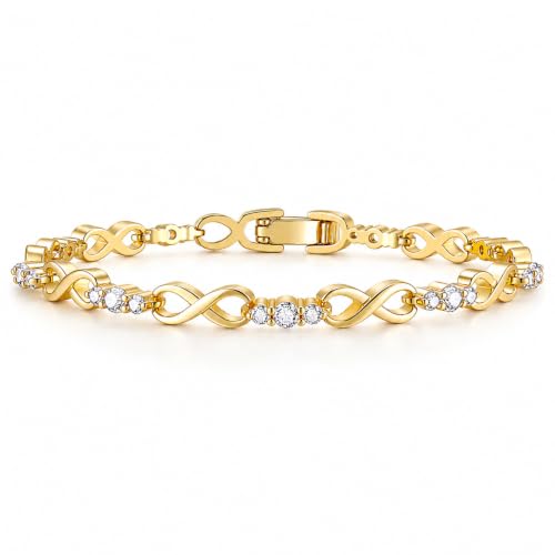 Tennis Bracelet for Women - 14K Gold Plated Heart Cubic Zirconia Bracelet, Dainty Trendy Anniversary Birthday Christmas Jewelry Gift for Her - color: Infinity Gold-18CM