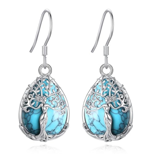 AEONSLOVE Tree of Life Crystal Earrings with Sterling Silver Ear Hooks, Dangle Drop Tree Earrings Gifts for Women - style: A01-Turquoise-Teardrop