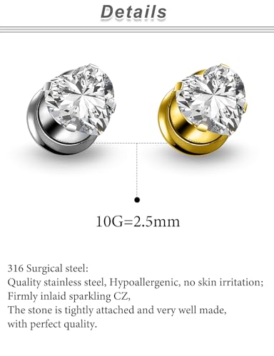 10G-00G Gold Silver Plated Heart Zircon Gauges for Ears 316L Surgical Steel Internally Threaded Screw Fit Single Flared Tunnels Plugs Earrings Hollow Gauges for Women Men - color: 10G= 2.5mm