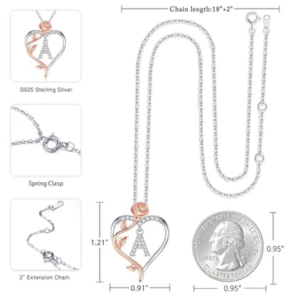 Iefil Rose Heart Initial Necklace, Anniversary Birthday Gifts for Women | Gift Box Packaging, 925 Sterling Silver, Jewelry Gift for Her Wife Mom Girlfriend, Initial A-Z, 19+2inches - color: IEFIL Jewelry Box, style: S