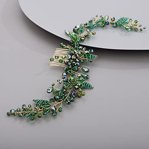Chargances Wedding Crystal Beaded Hair Vine Comb Bridal Long Pearl Leaf Hair Vine Comb Green Rhinetone Handmade Headpiece Hair Accessories for Wedding Prom Flower Girl (Green) - color: Green
