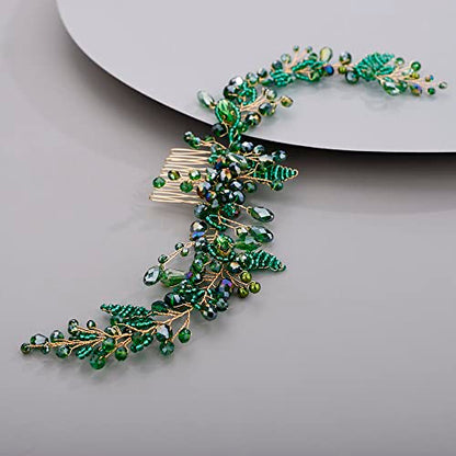 Chargances Wedding Crystal Beaded Hair Vine Comb Bridal Long Pearl Leaf Hair Vine Comb Green Rhinetone Handmade Headpiece Hair Accessories for Wedding Prom Flower Girl (Green) - color: Green