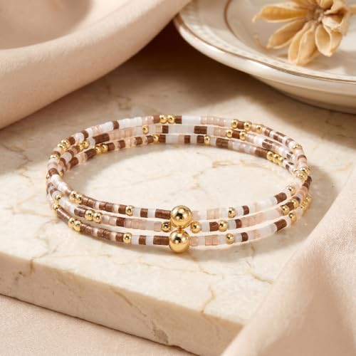 Small Seed Beaded Stack Bracelets Set for Women,Boho Handmade 3Pcs Colorful Glass Gold Stretch Accessories Jewelry, Summer Beach Wear Holiday Friendship Gift - color: Brown