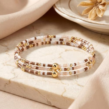 Small Seed Beaded Stack Bracelets Set for Women,Boho Handmade 3Pcs Colorful Glass Gold Stretch Accessories Jewelry, Summer Beach Wear Holiday Friendship Gift - color: Brown
