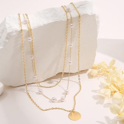 3Pcs Gold Circle Pendant Necklace Set Dainty Layered Stacked Pearls Chain Choker Necklace Trendy Birthday Jewelry Accessory Gift for Women - color: Gold Pearl